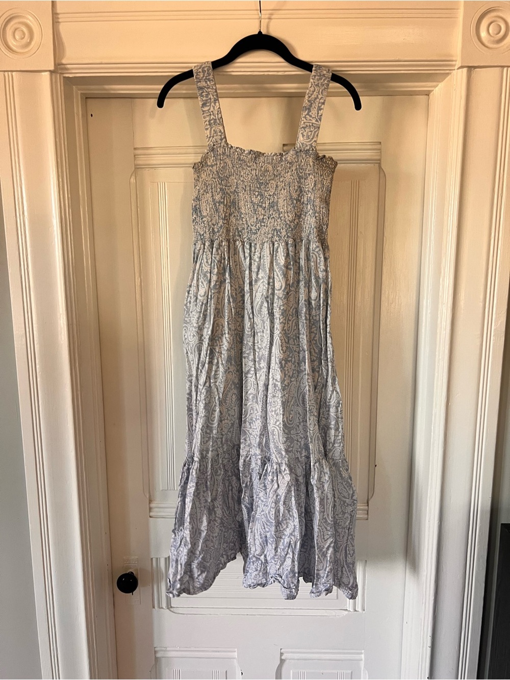 Smocked Paisley Midi Dress in Light Blue